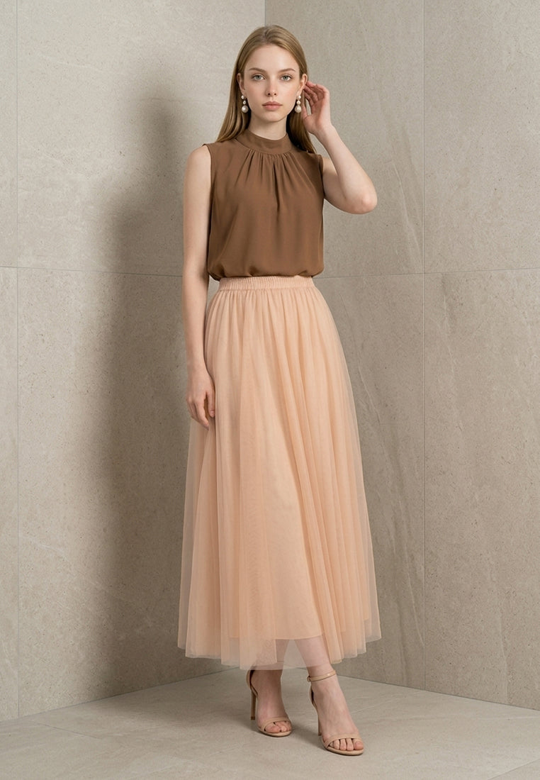 BebeBeige Fluid Pleated Mesh Tulle Midi Skirt