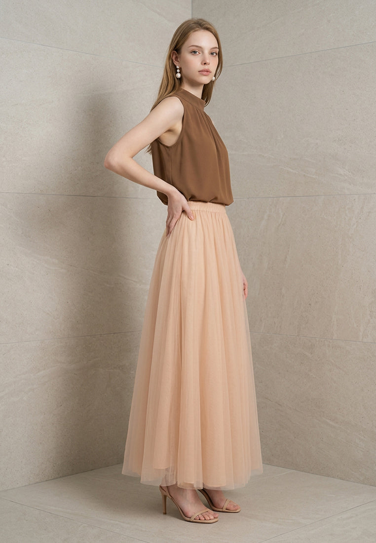 BebeBeige Fluid Pleated Mesh Tulle Midi Skirt
