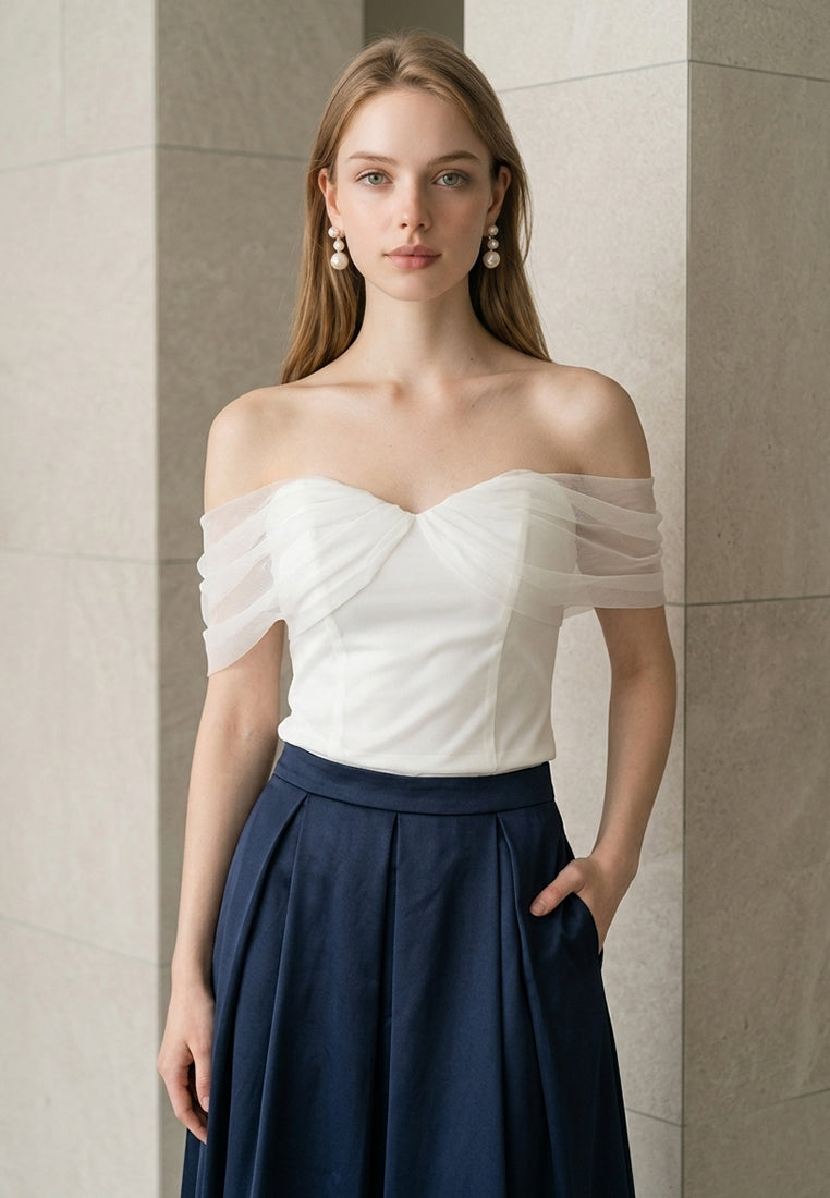 BebeBeige Draped Mesh Off-The-Shoulder Corset Top