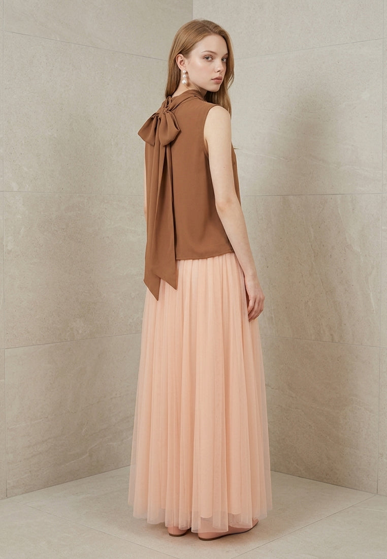 BebeBeige Fluid Pleated Mesh Tulle Midi Skirt
