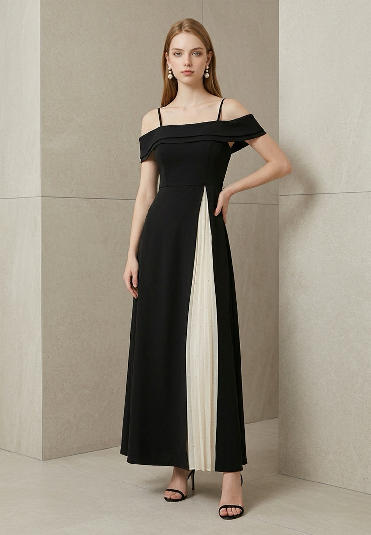 BebeBeige Foldover Cold-Shoulder Maxi Dress with Pleated Mesh Inset