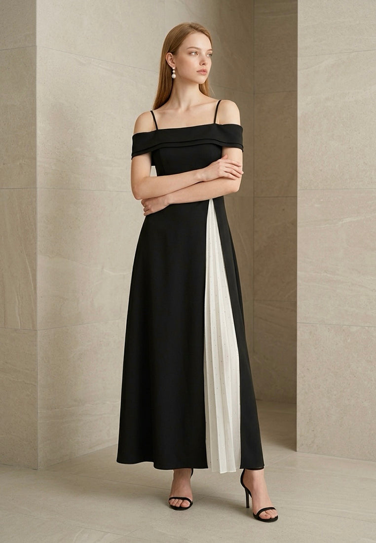 BebeBeige Foldover Cold-Shoulder Maxi Dress with Pleated Mesh Inset