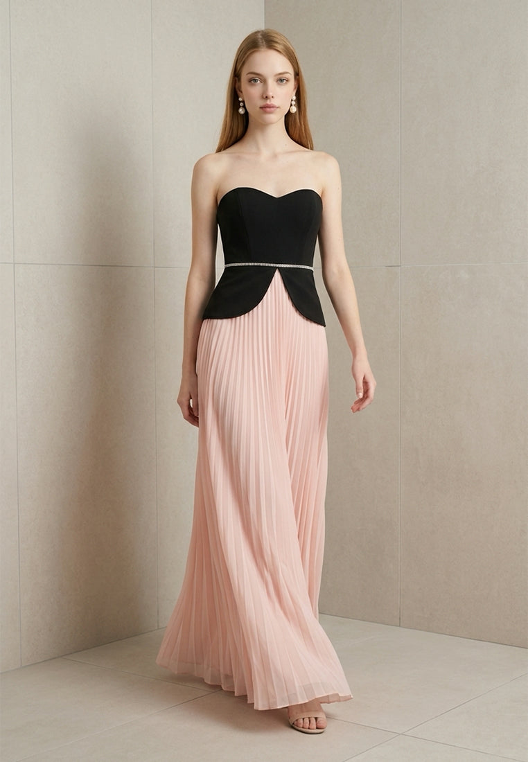 BebeBeige Sweetheart Neckline Peplum Pleated Evening Maxi Dress