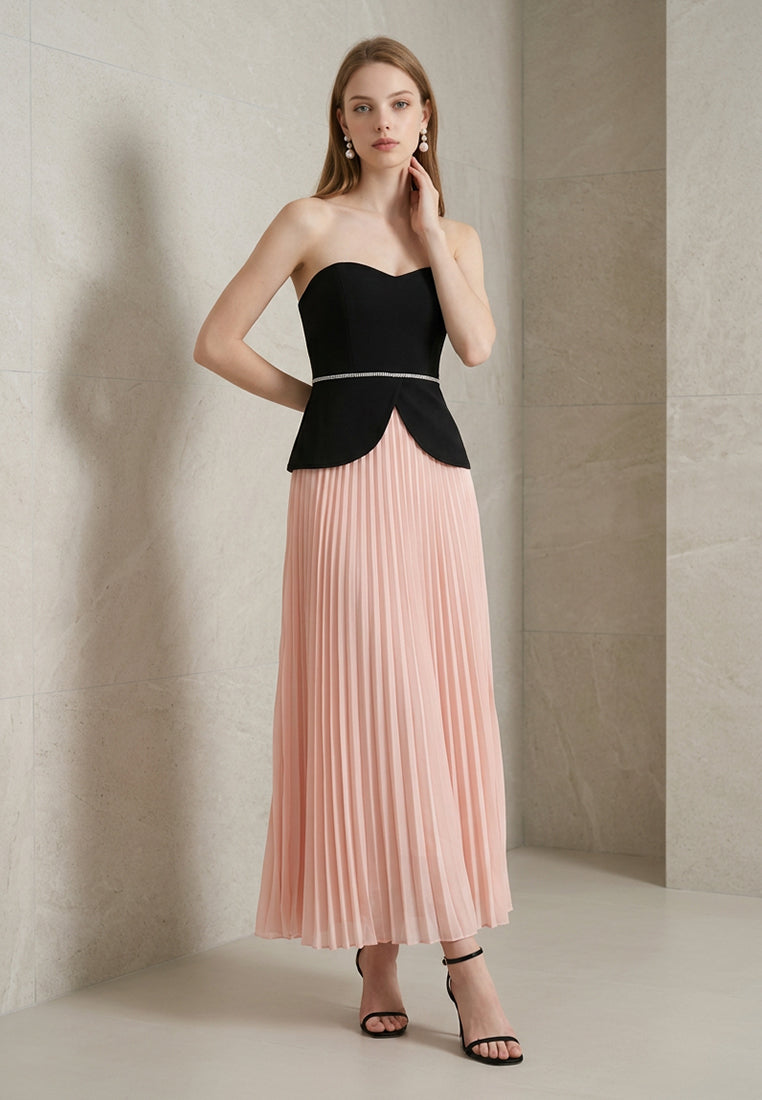 BebeBeige Sweetheart Neckline Peplum Pleated Evening Maxi Dress