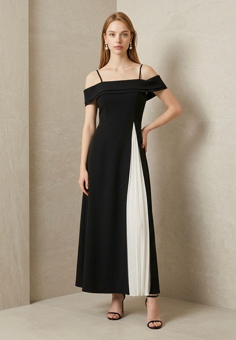 BebeBeige Foldover Cold-Shoulder Maxi Dress with Pleated Mesh Inset