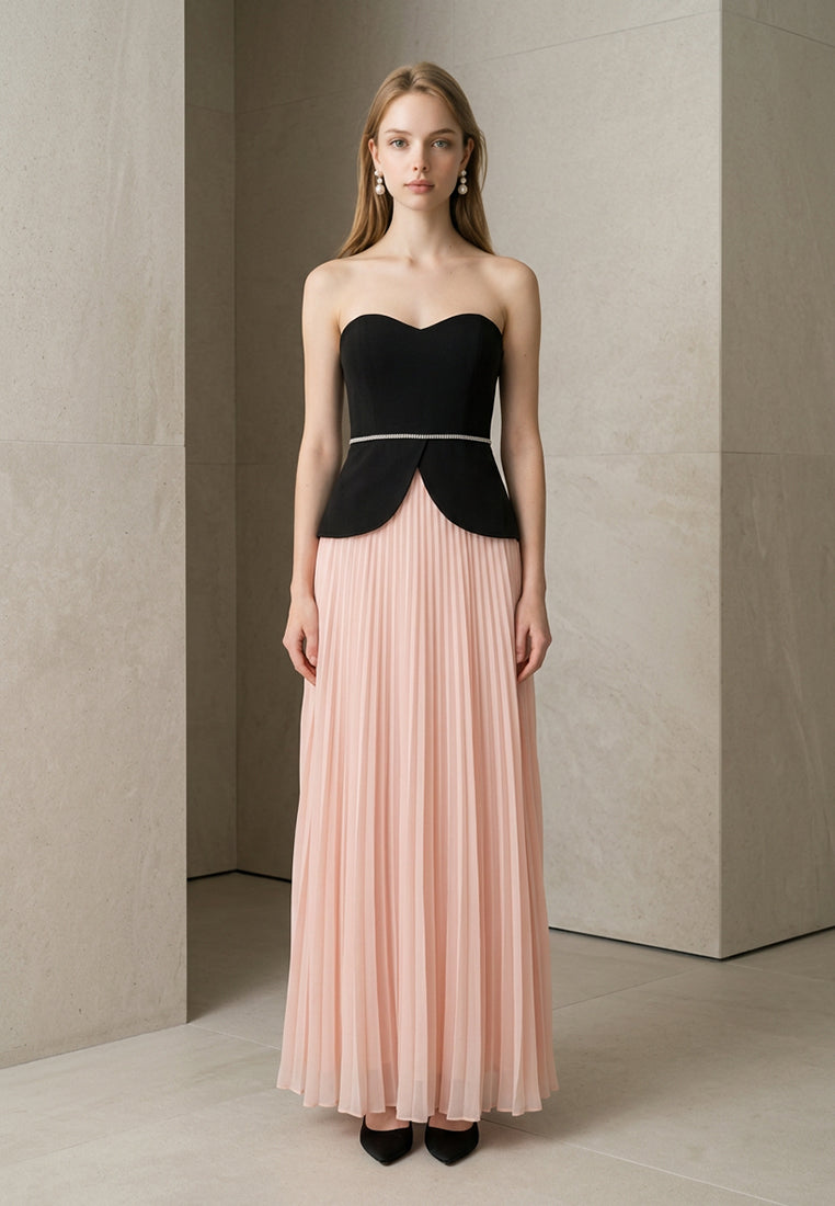 BebeBeige Sweetheart Neckline Peplum Pleated Evening Maxi Dress