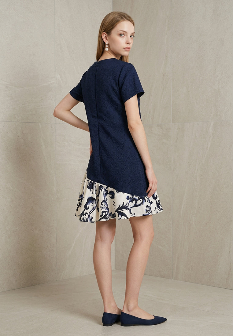BebeButterfly Floral Porcelain Print Drop-Waist Mini Dress