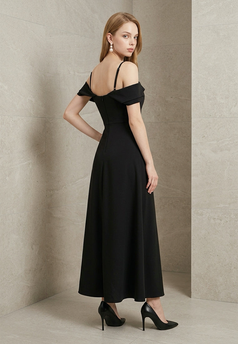 BebeBeige Foldover Cold-Shoulder Maxi Dress with Pleated Mesh Inset
