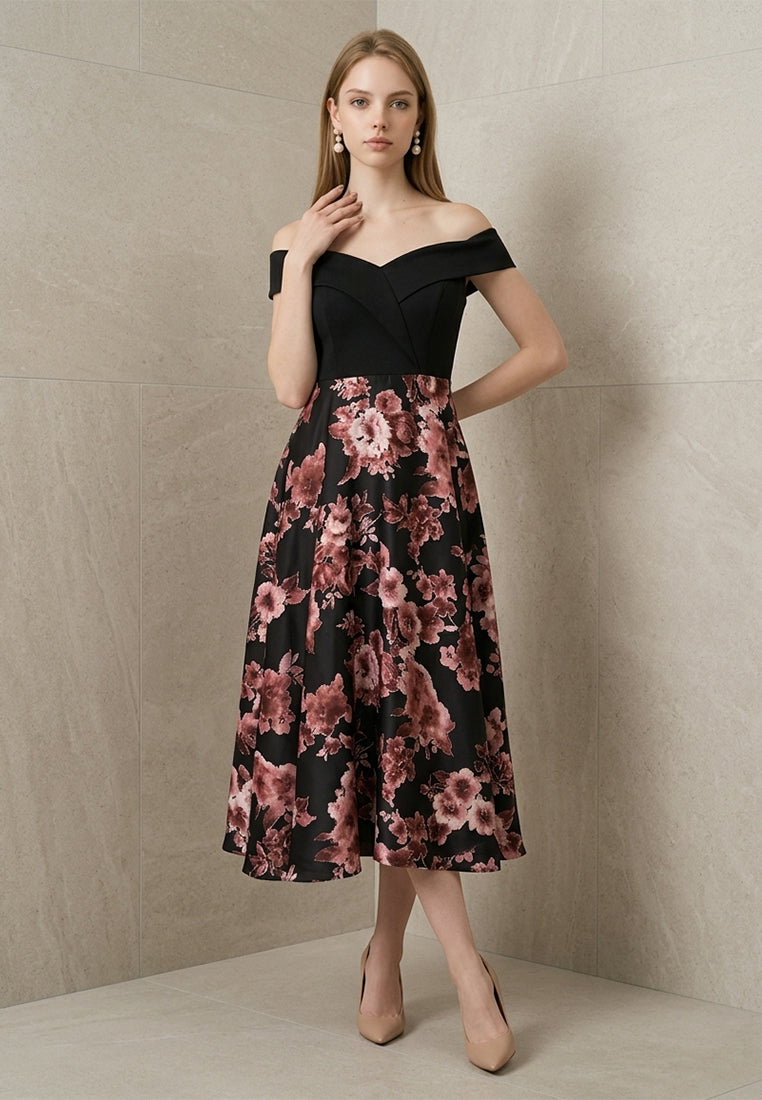 BebeButterfly Sweetheart Off-Shoulder Evening Midi Dress