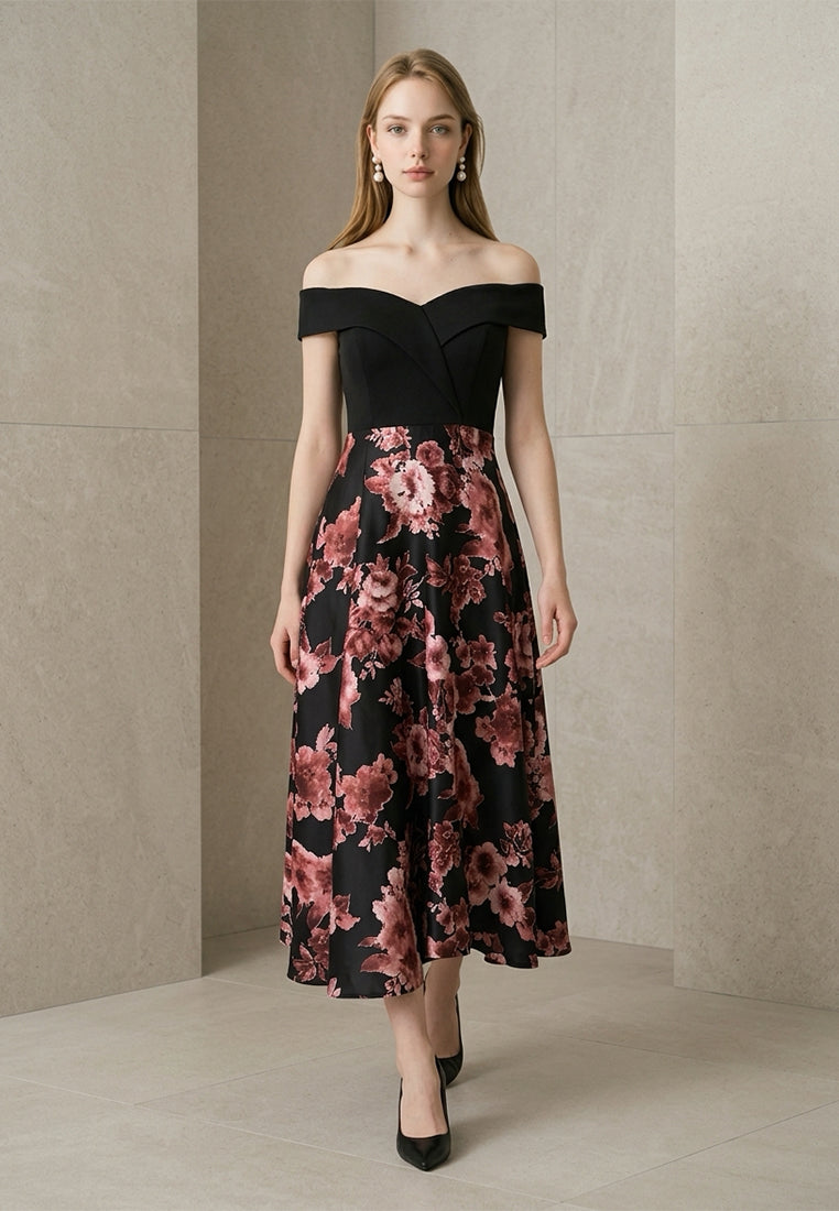 BebeButterfly Sweetheart Off-Shoulder Evening Midi Dress