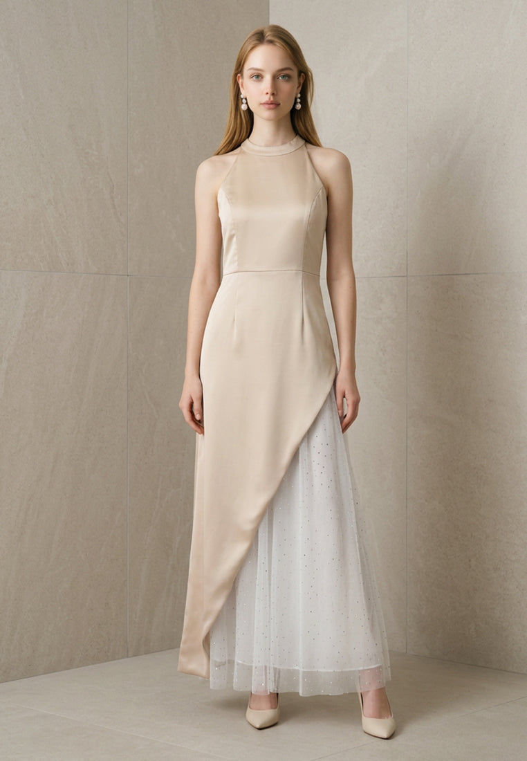 BebeBeige High-Neck Asymmetrical Satin & Mesh Evening Dress