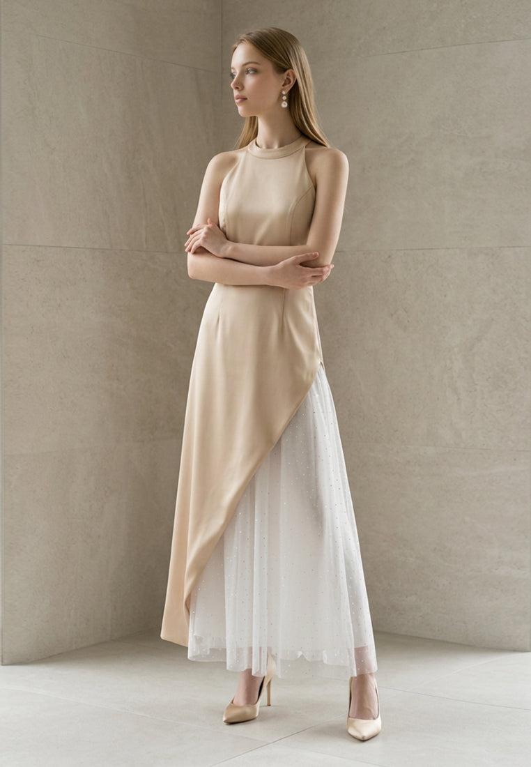 BebeBeige High-Neck Asymmetrical Satin & Mesh Evening Dress