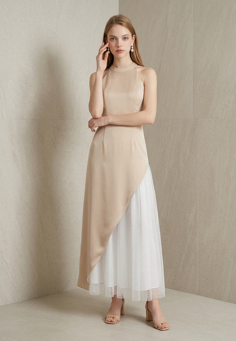 BebeBeige High-Neck Asymmetrical Satin & Mesh Evening Dress