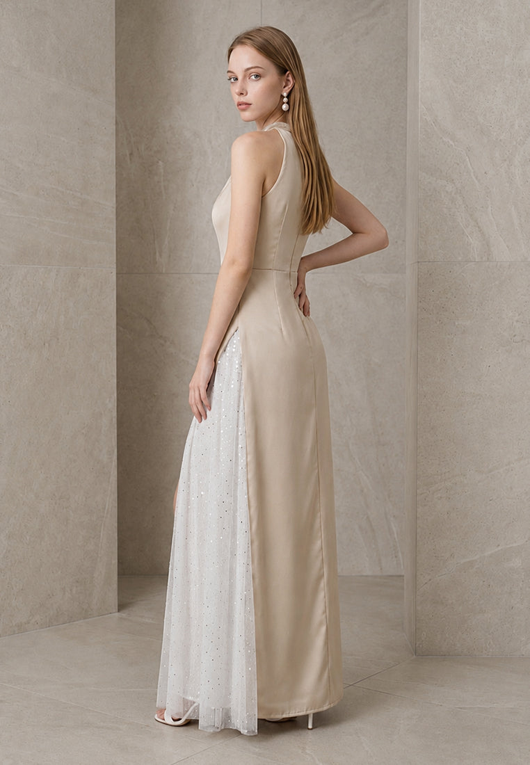 BebeBeige High-Neck Asymmetrical Satin & Mesh Evening Dress