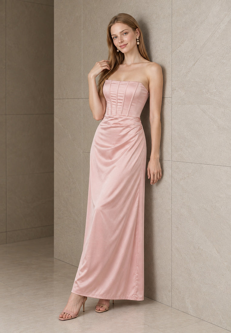 BebeBeige Corset-Detail Strapless Satin Maxi Dress