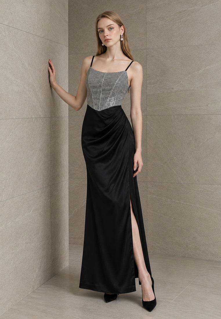 BebeBeige Glitter Corset Satin Maxi Dress