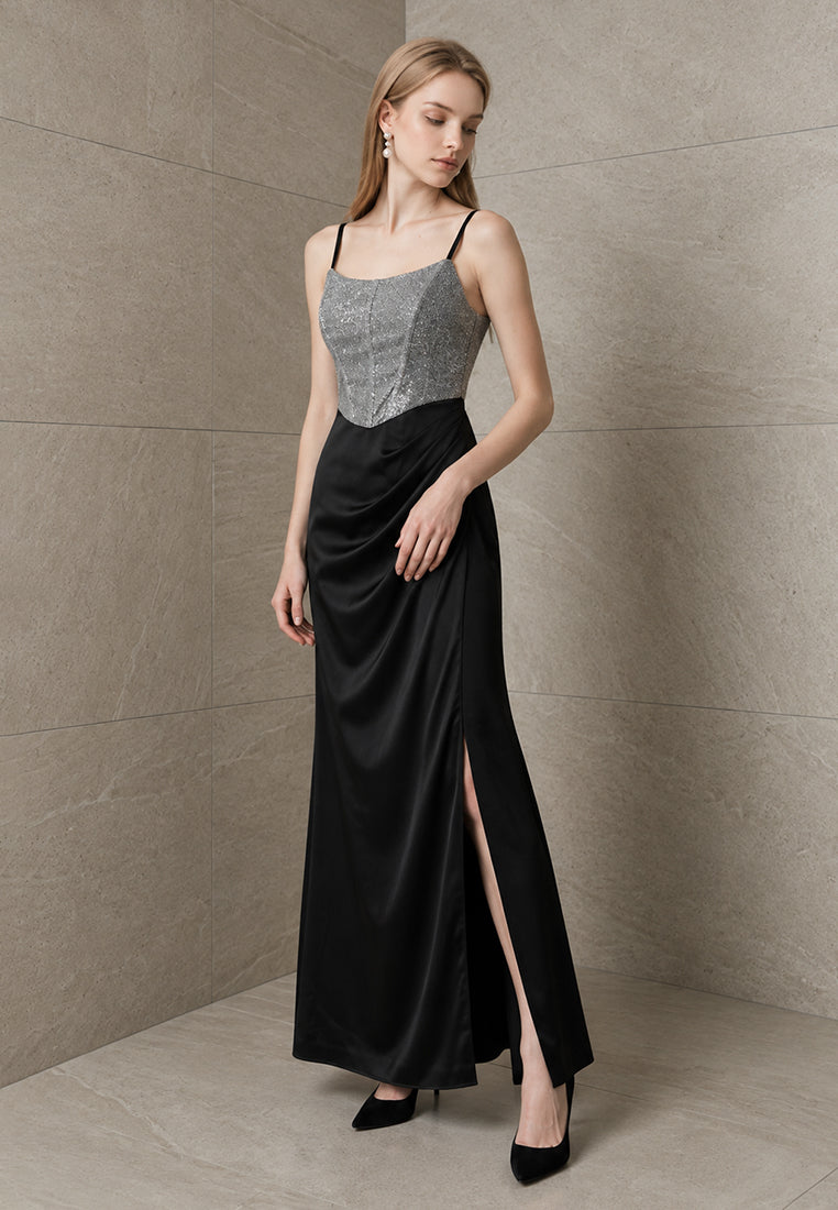 BebeBeige Glitter Corset Satin Maxi Dress