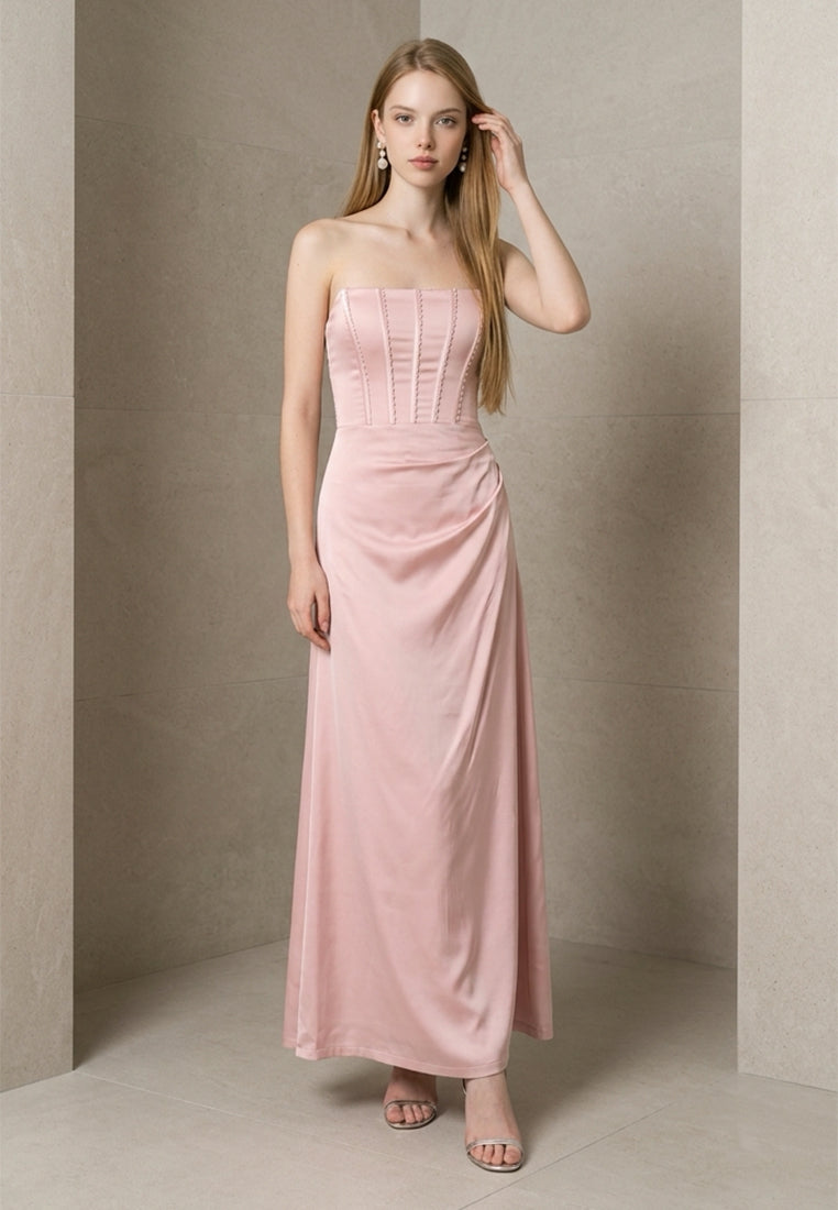 BebeBeige Corset-Detail Strapless Satin Maxi Dress