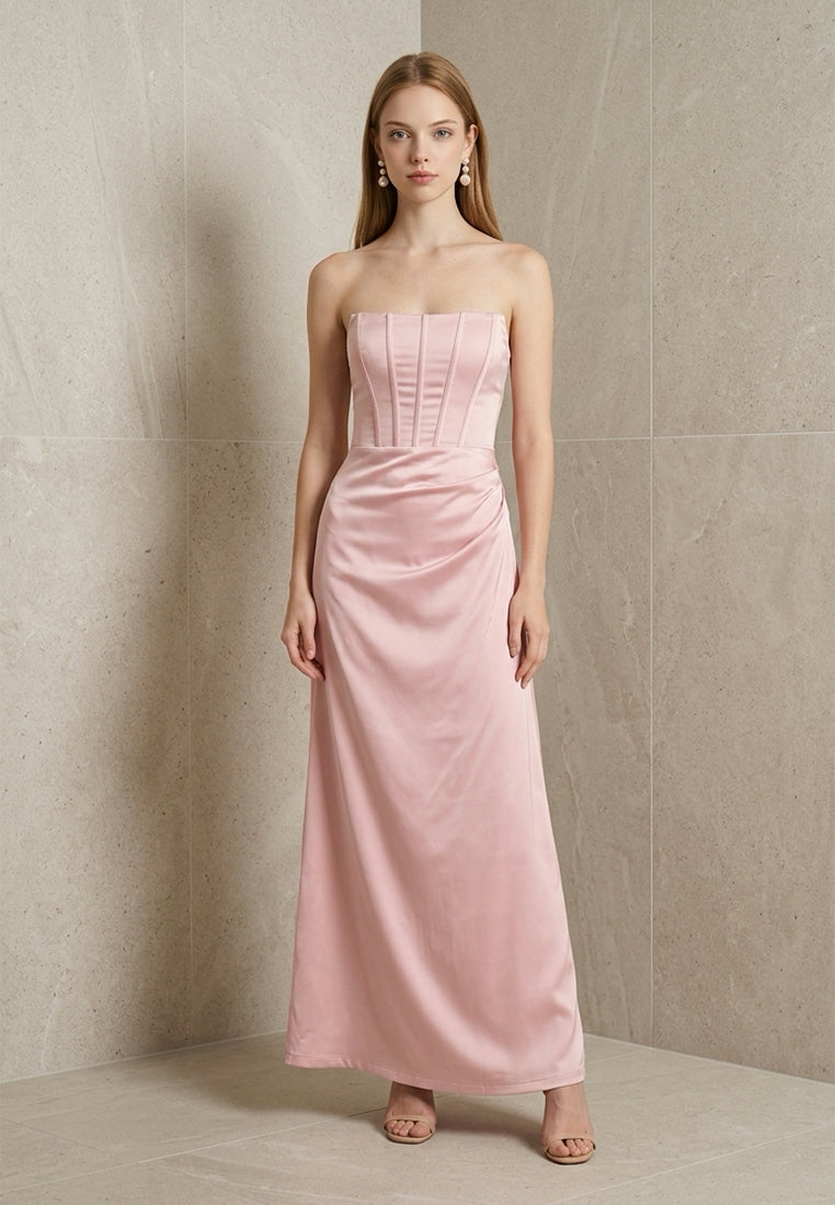 BebeBeige Corset-Detail Strapless Satin Maxi Dress