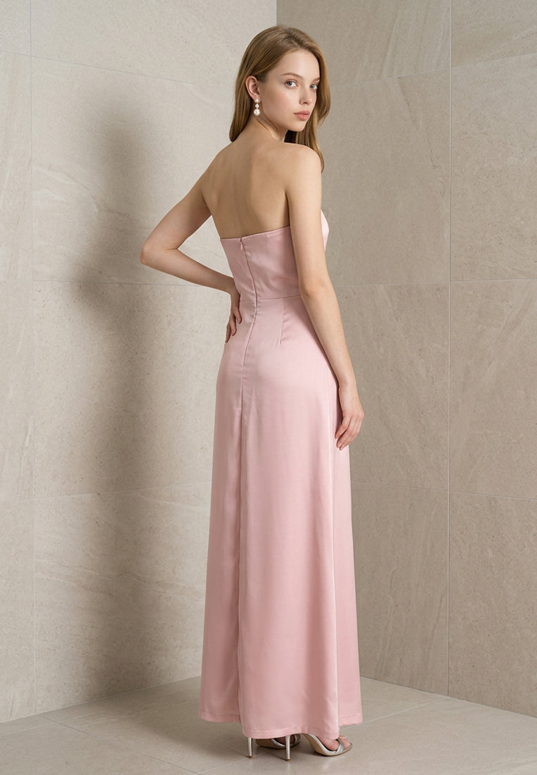 BebeBeige Corset-Detail Strapless Satin Maxi Dress