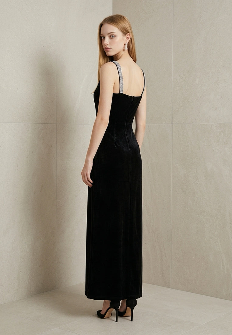 BebeBeige Rhinestone Strap Velvet Maxi Dress