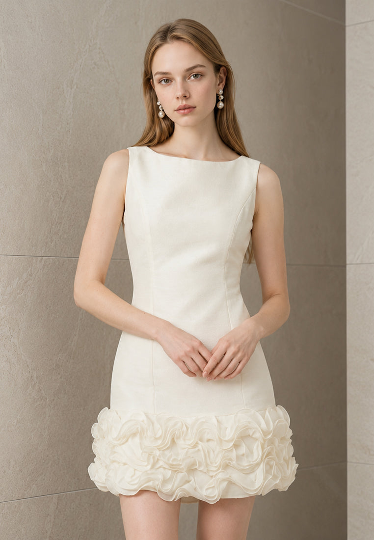 BebeBeige Boat Neck Shift Mini Dress with Textured Ruffle Trim
