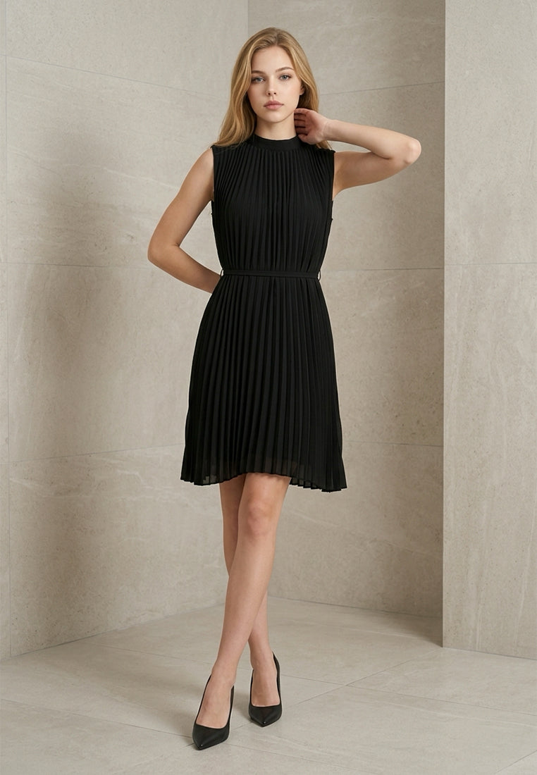 BebeBeige Pleated A-Line Sleeveless Dress