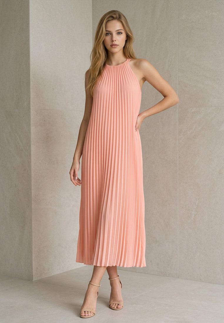 BebeBeige Halter Neck Pleated Maxi Dress