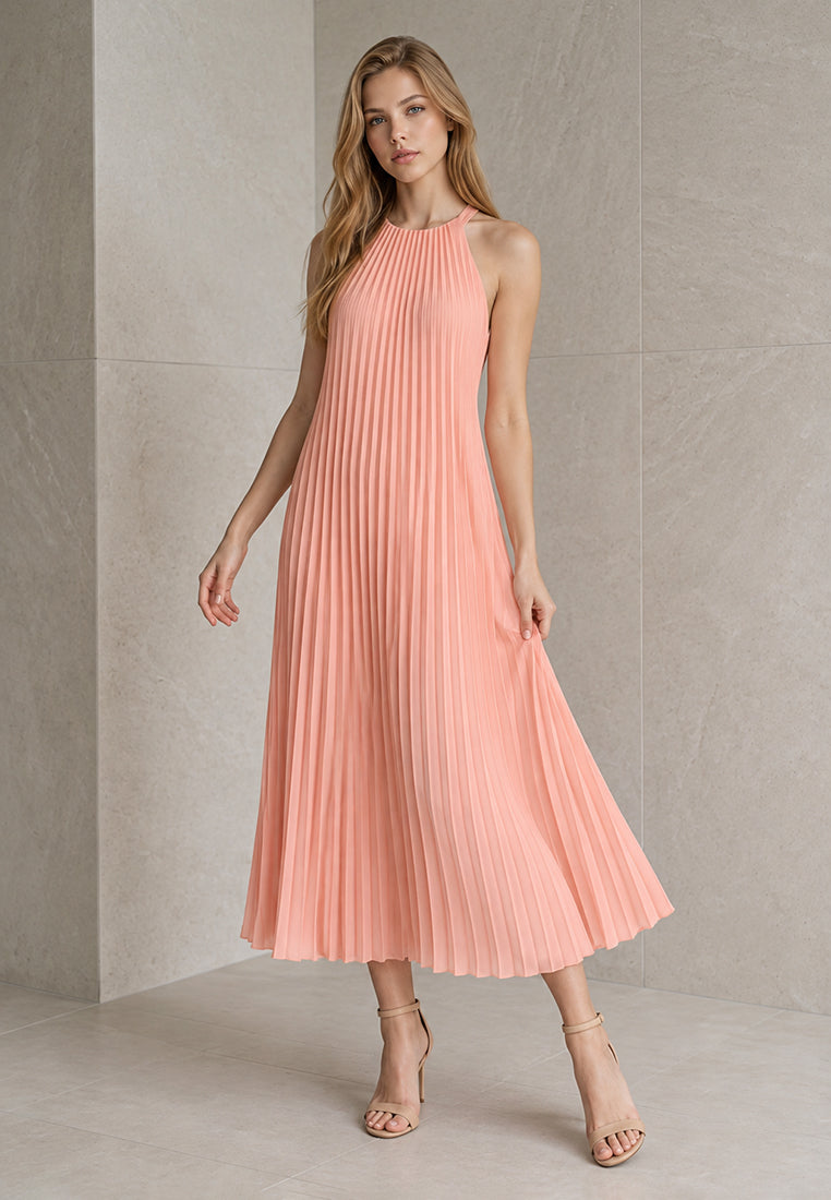 BebeBeige Halter Neck Pleated Maxi Dress