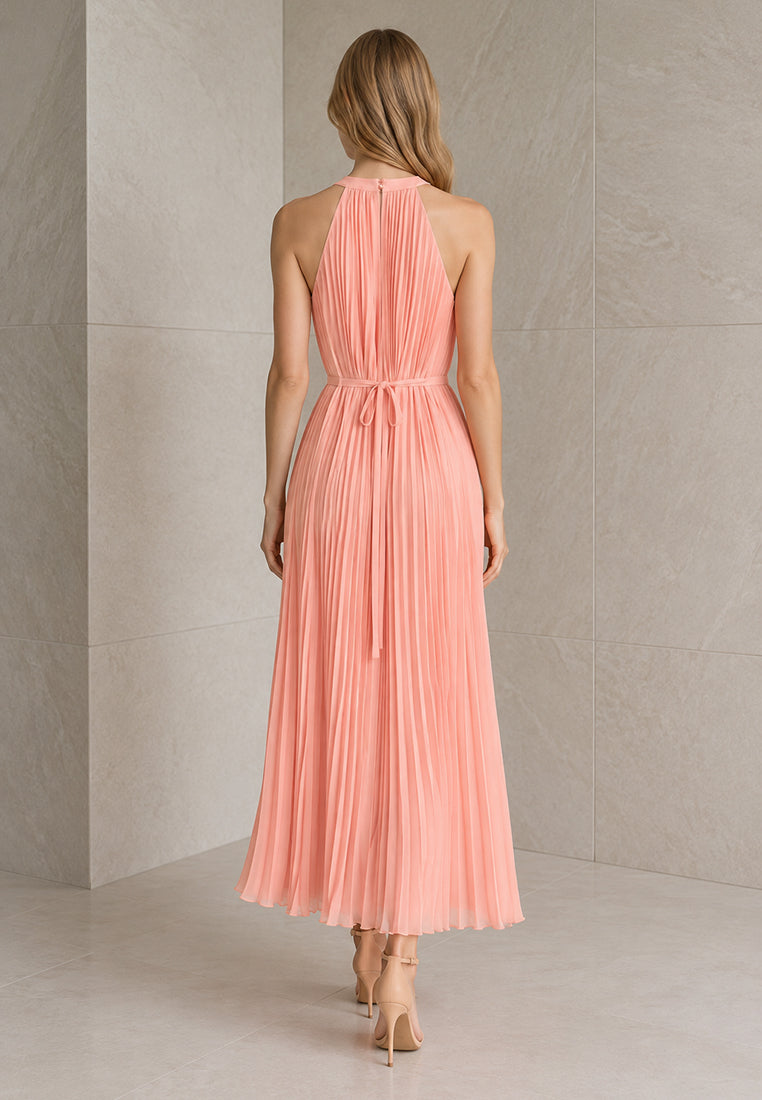 BebeBeige Halter Neck Pleated Maxi Dress