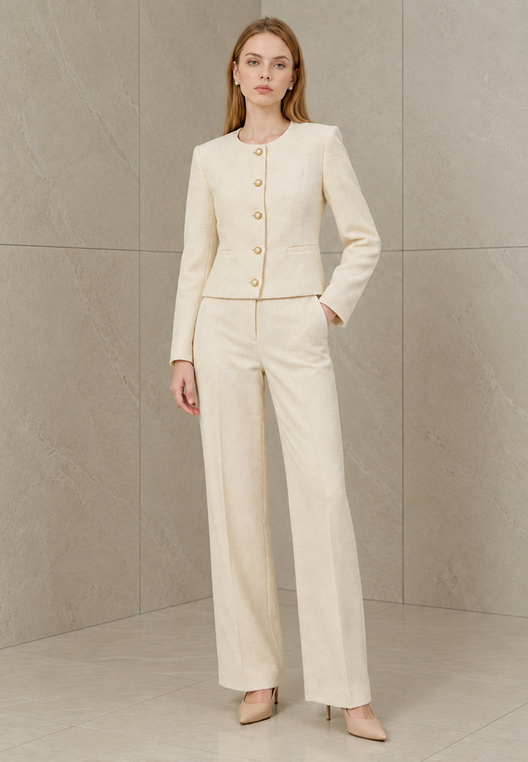 BebeBeige Collarless Pearl-Button Crop Blazer
