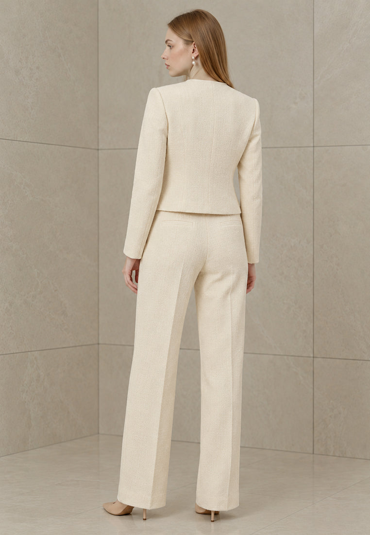 BebeBeige Collarless Pearl-Button Crop Blazer