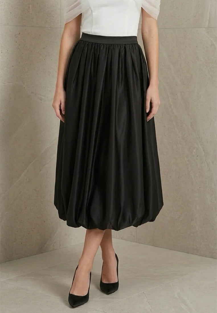 BebeBeige Satin High-Rise Puff Hem A-Line Midi Skirt