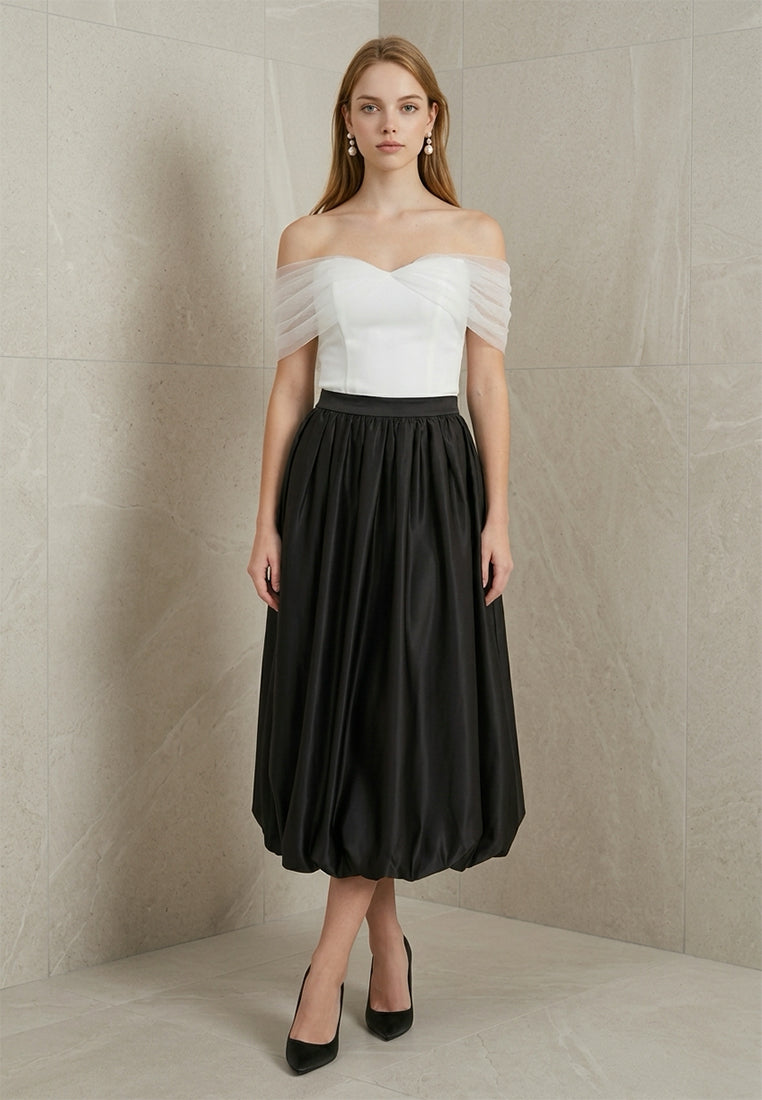 BebeBeige Satin High-Rise Puff Hem A-Line Midi Skirt