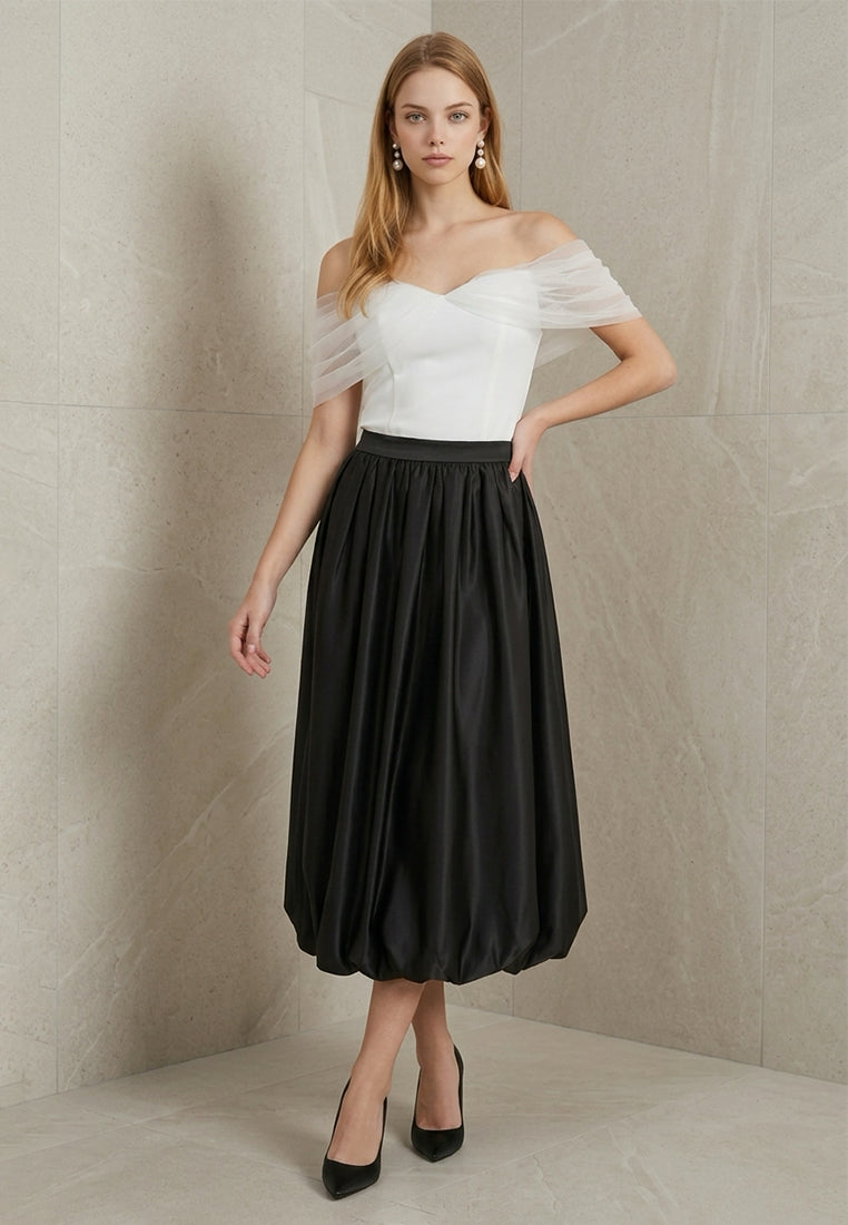 BebeBeige Satin High-Rise Puff Hem A-Line Midi Skirt