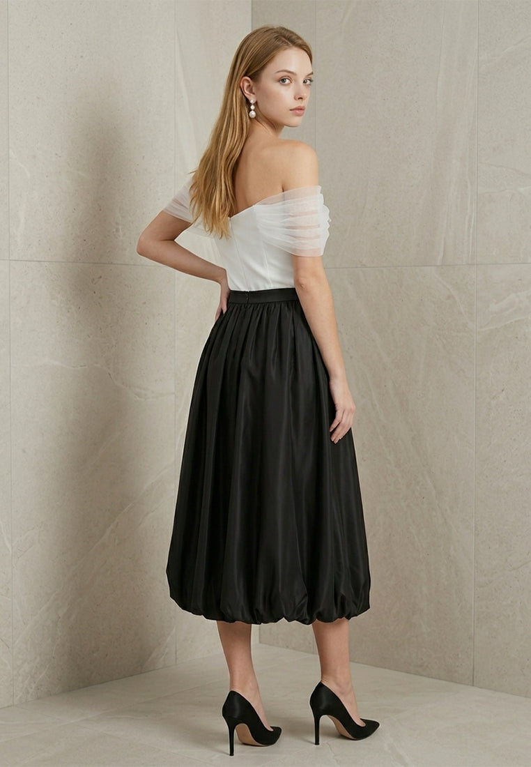 BebeBeige Satin High-Rise Puff Hem A-Line Midi Skirt