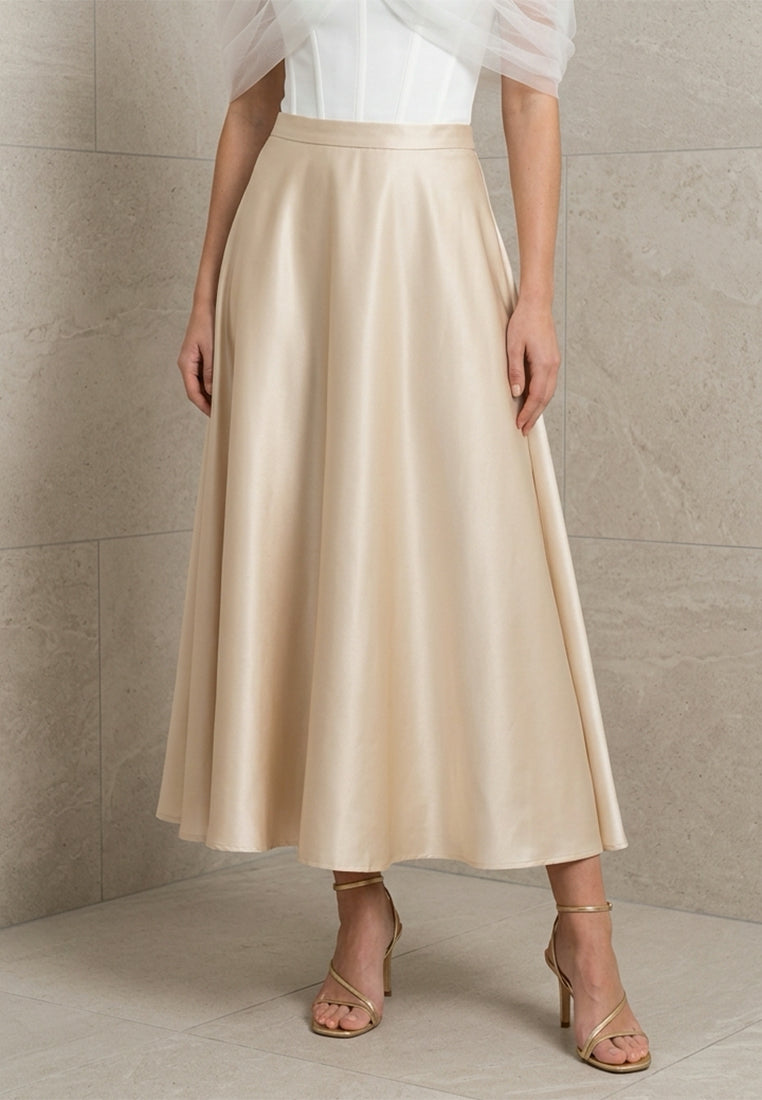 BebeBeige High-Waisted Satin Flared A-Line Midi Skirt