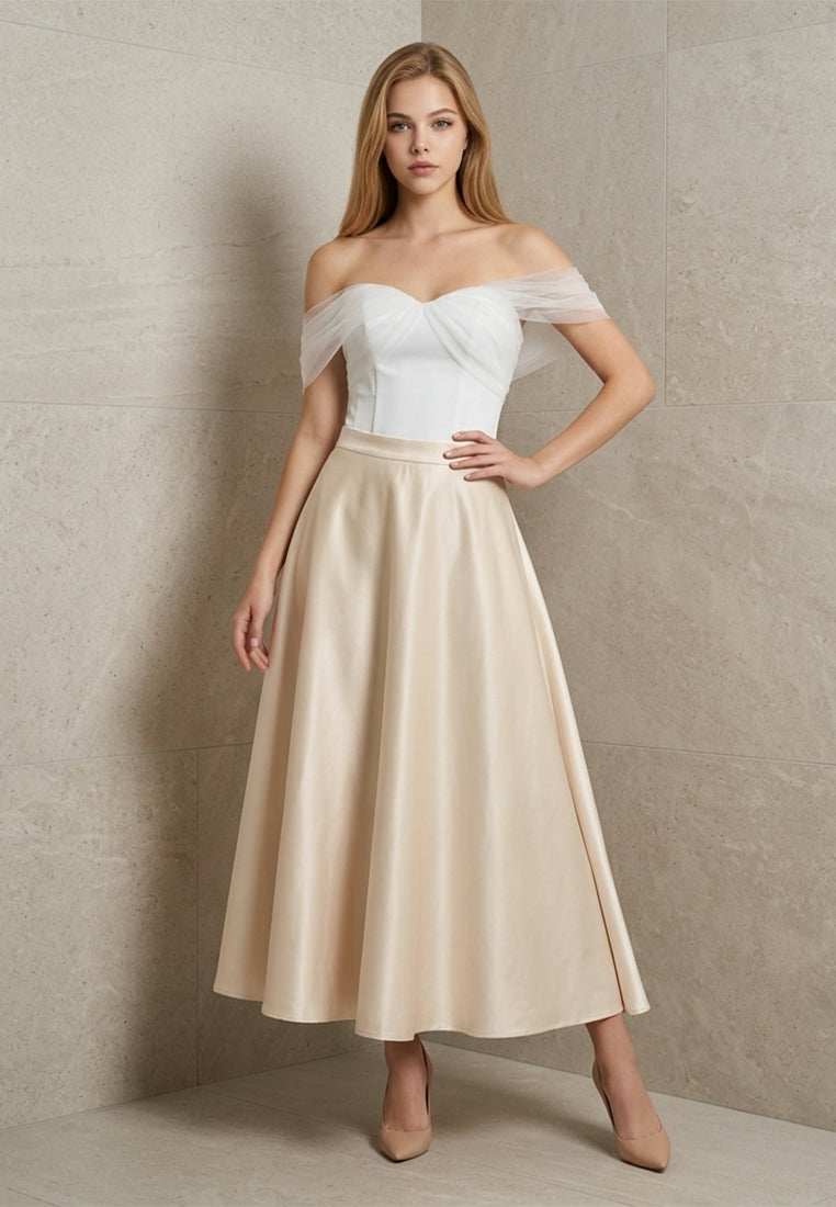 BebeBeige High-Waisted Satin Flared A-Line Midi Skirt
