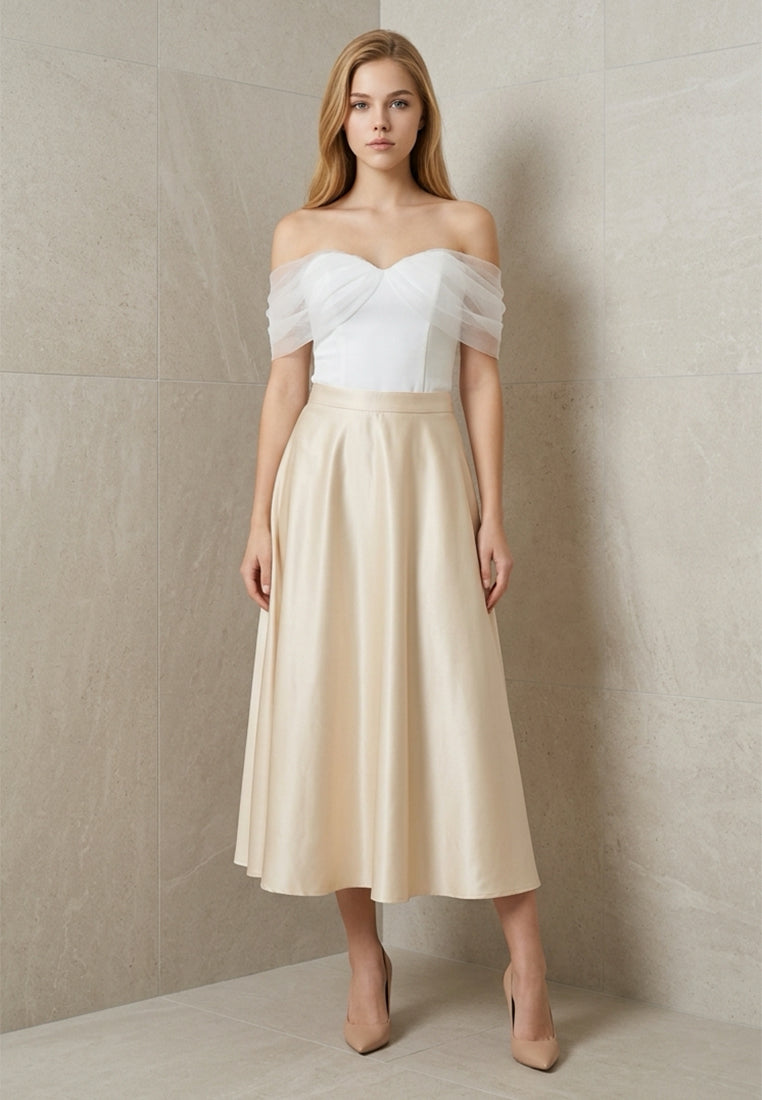 BebeBeige High-Waisted Satin Flared A-Line Midi Skirt