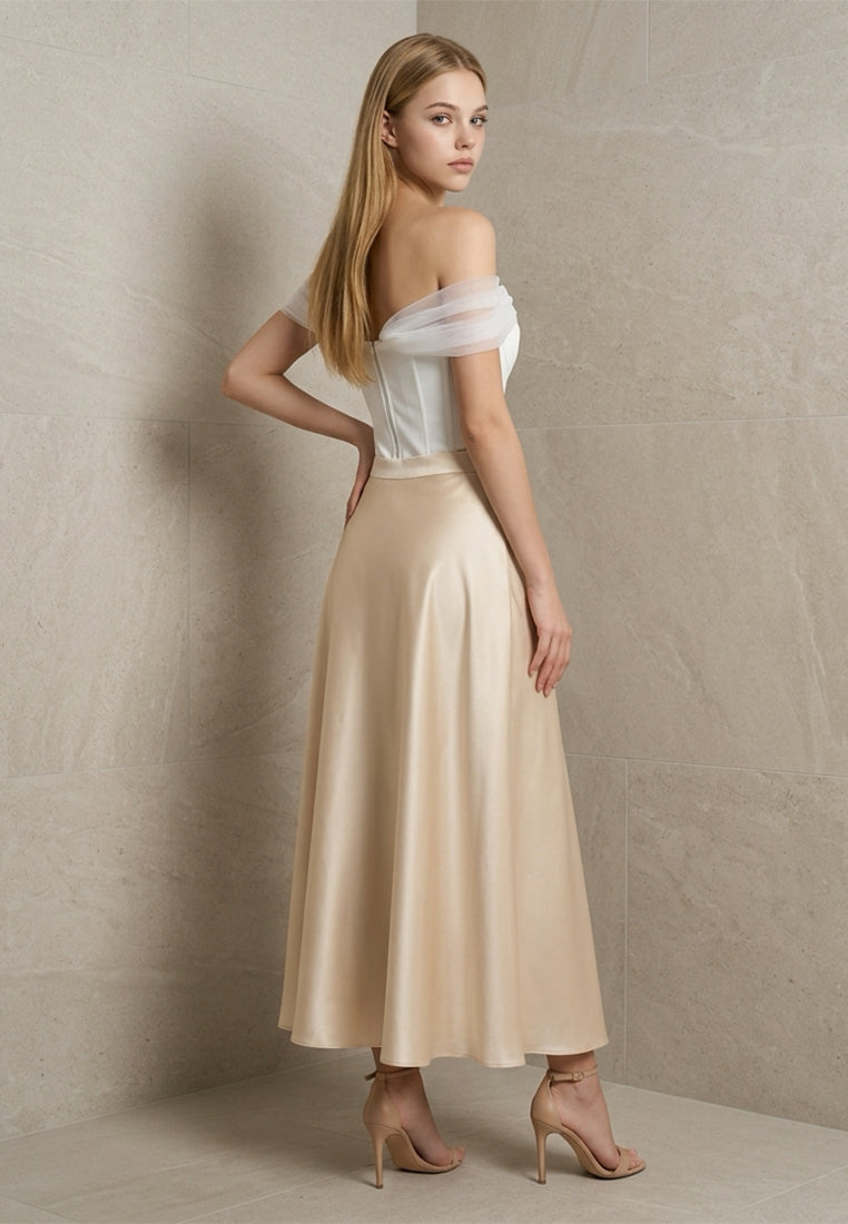 BebeBeige High-Waisted Satin Flared A-Line Midi Skirt