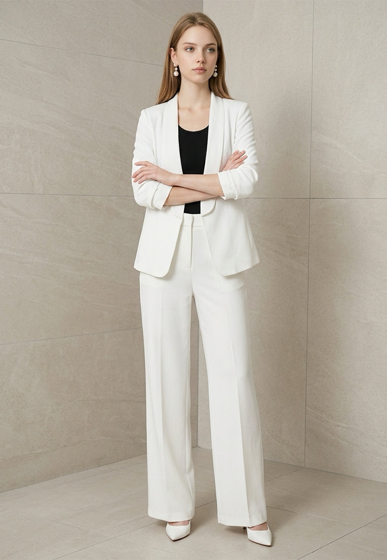BebeBeige Lapel Open-Front Blazer with Ruched Sleeves
