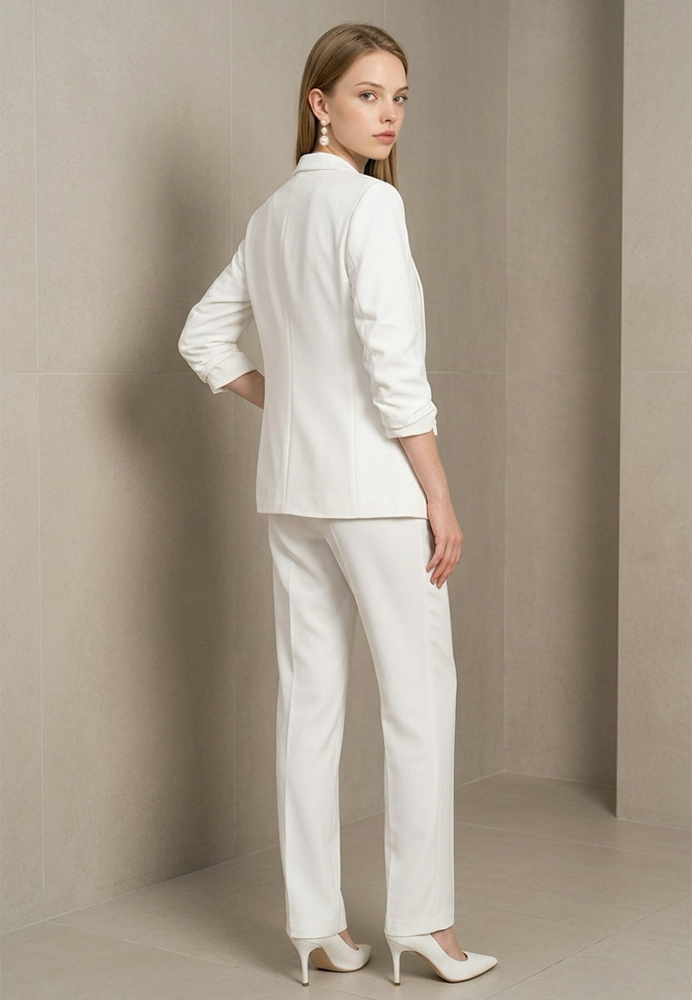 BebeBeige Lapel Open-Front Blazer with Ruched Sleeves