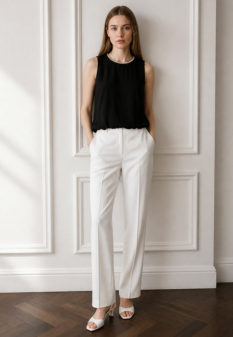 BebeBeige Sleeveless Bubble-Hem Crepe Top with Beaded Pearl Neckline