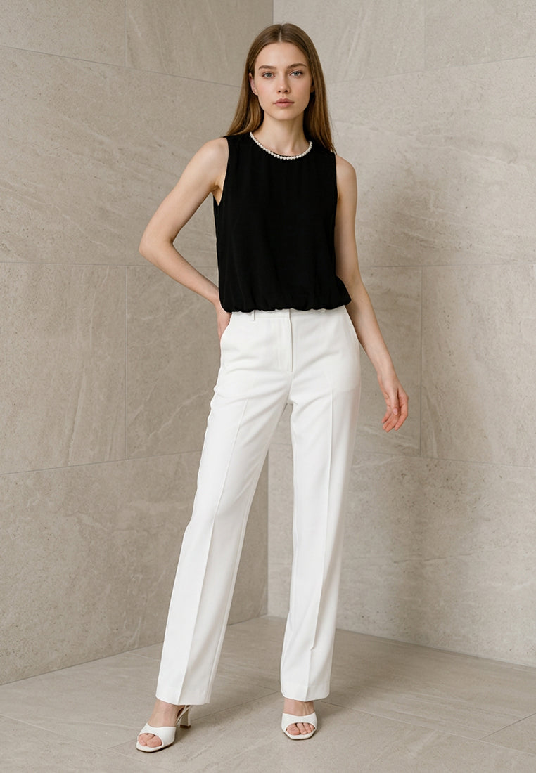 BebeBeige Sleeveless Bubble-Hem Crepe Top with Beaded Pearl Neckline