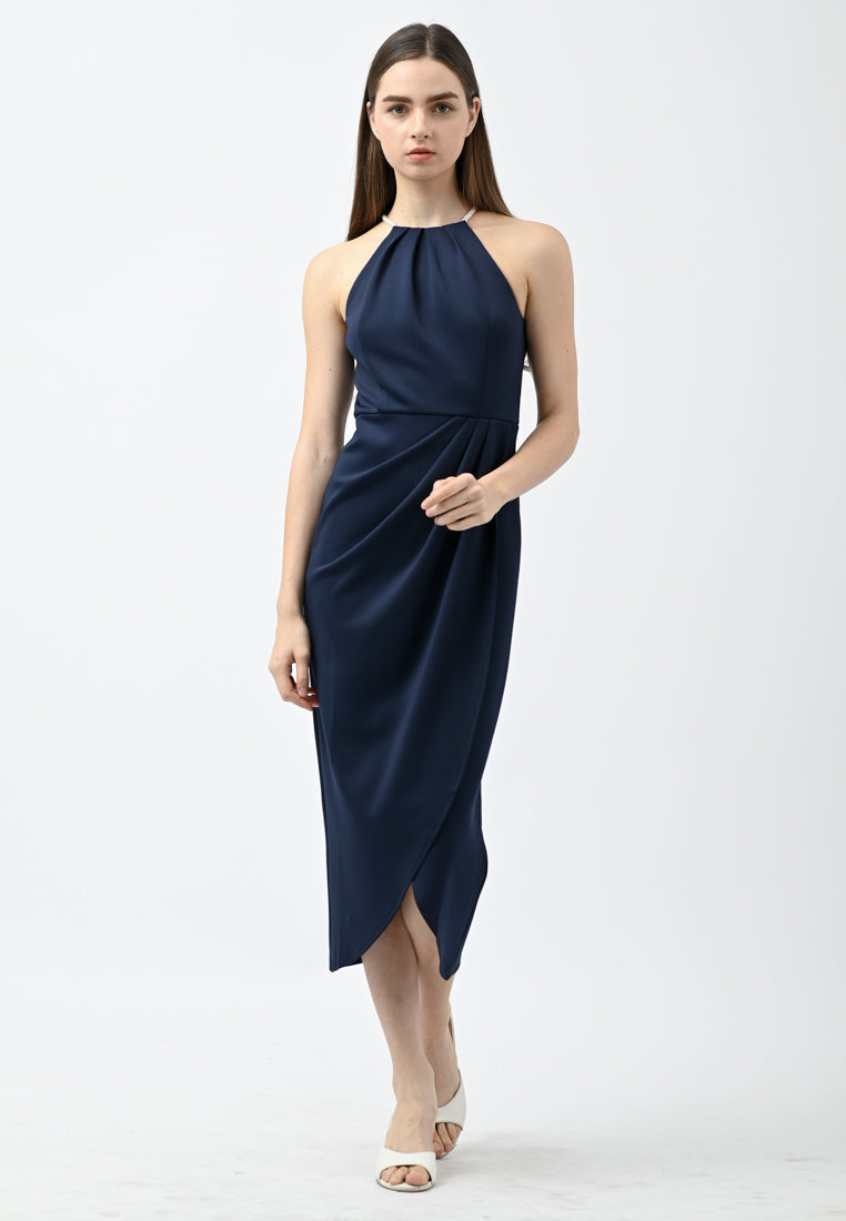 BebeBeige Pearl-Embellished Halter Ruched Tulip Midi Dress