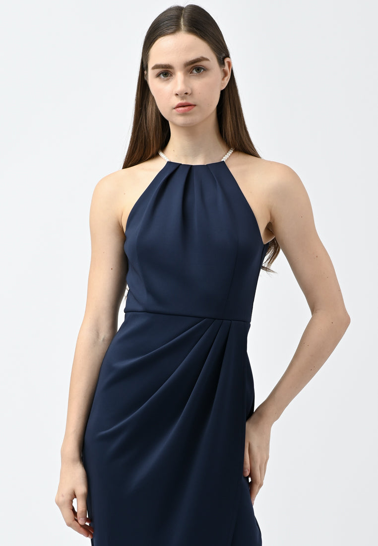 BebeBeige Pearl-Embellished Halter Ruched Tulip Midi Dress