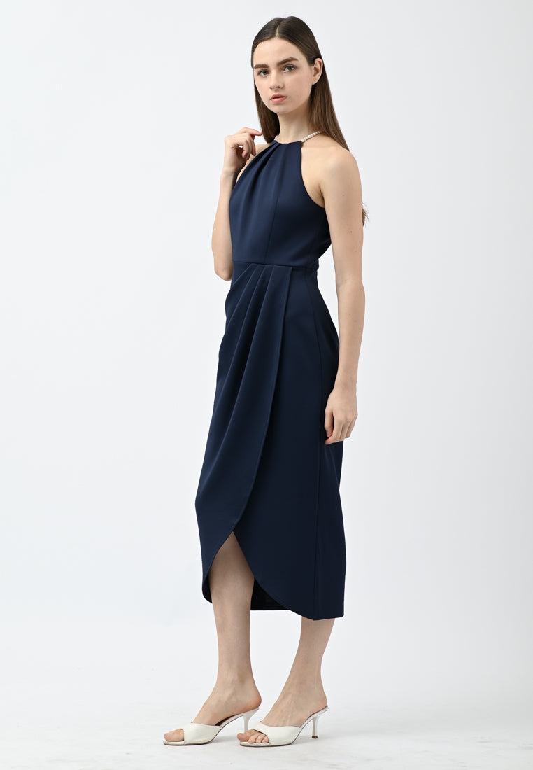 BebeBeige Pearl-Embellished Halter Ruched Tulip Midi Dress