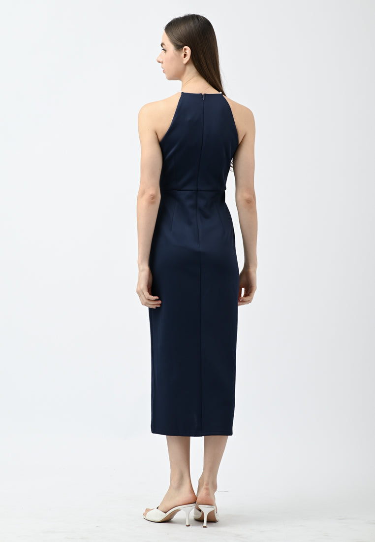 BebeBeige Pearl-Embellished Halter Ruched Tulip Midi Dress