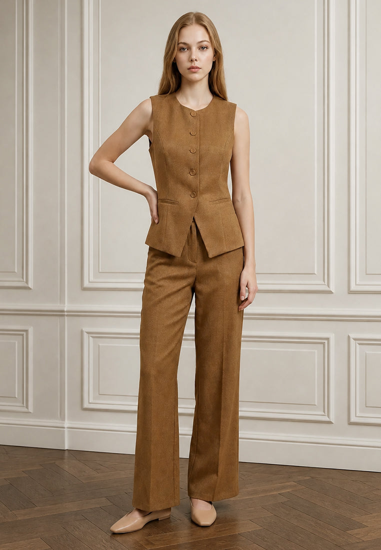 BebeBeige Single-Breasted Collarless Waistcoat Vest