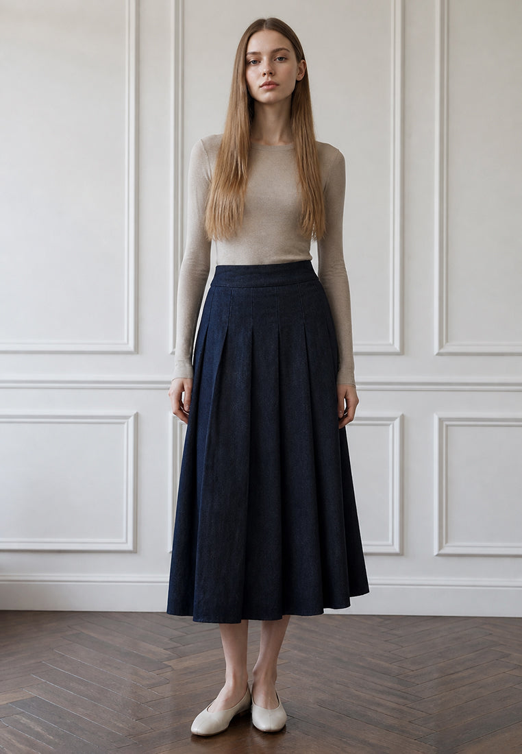 Plain B. A-Line Pleated Denim Midi Skirt